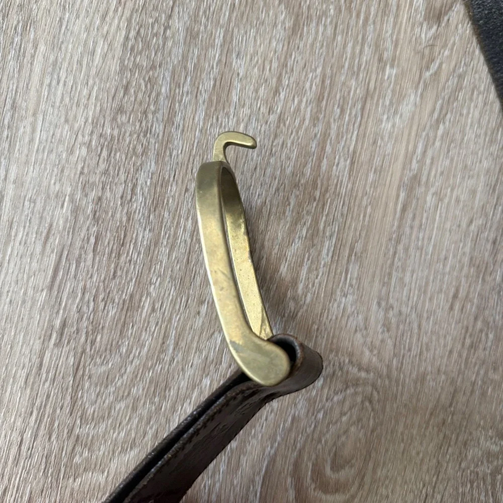 VTG Italian Leather Belt Brass Stirrup Hook Buckle Dark Brown Made in Italy 36